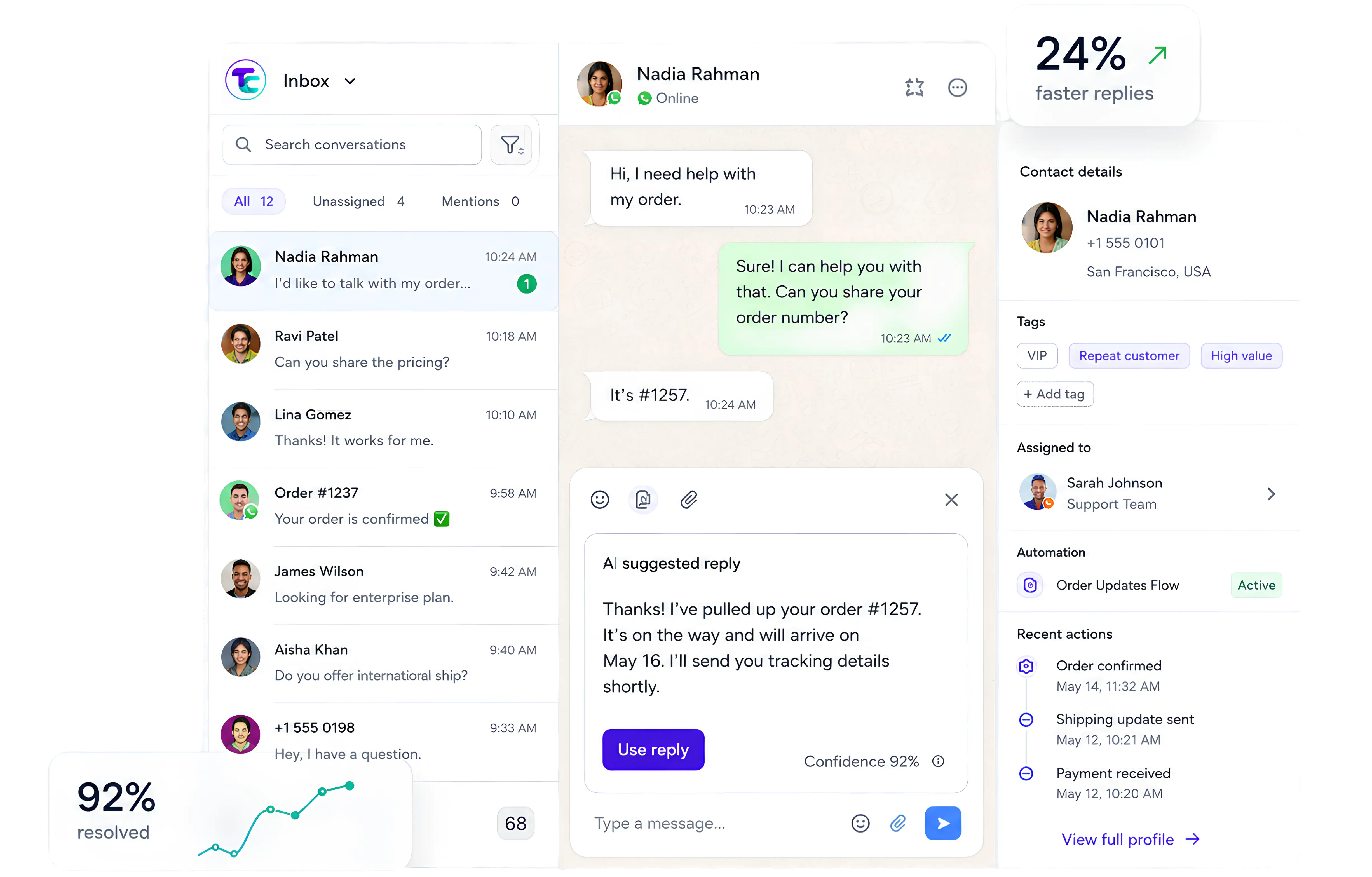 Takora Connect inbox with AI suggested replies and customer context